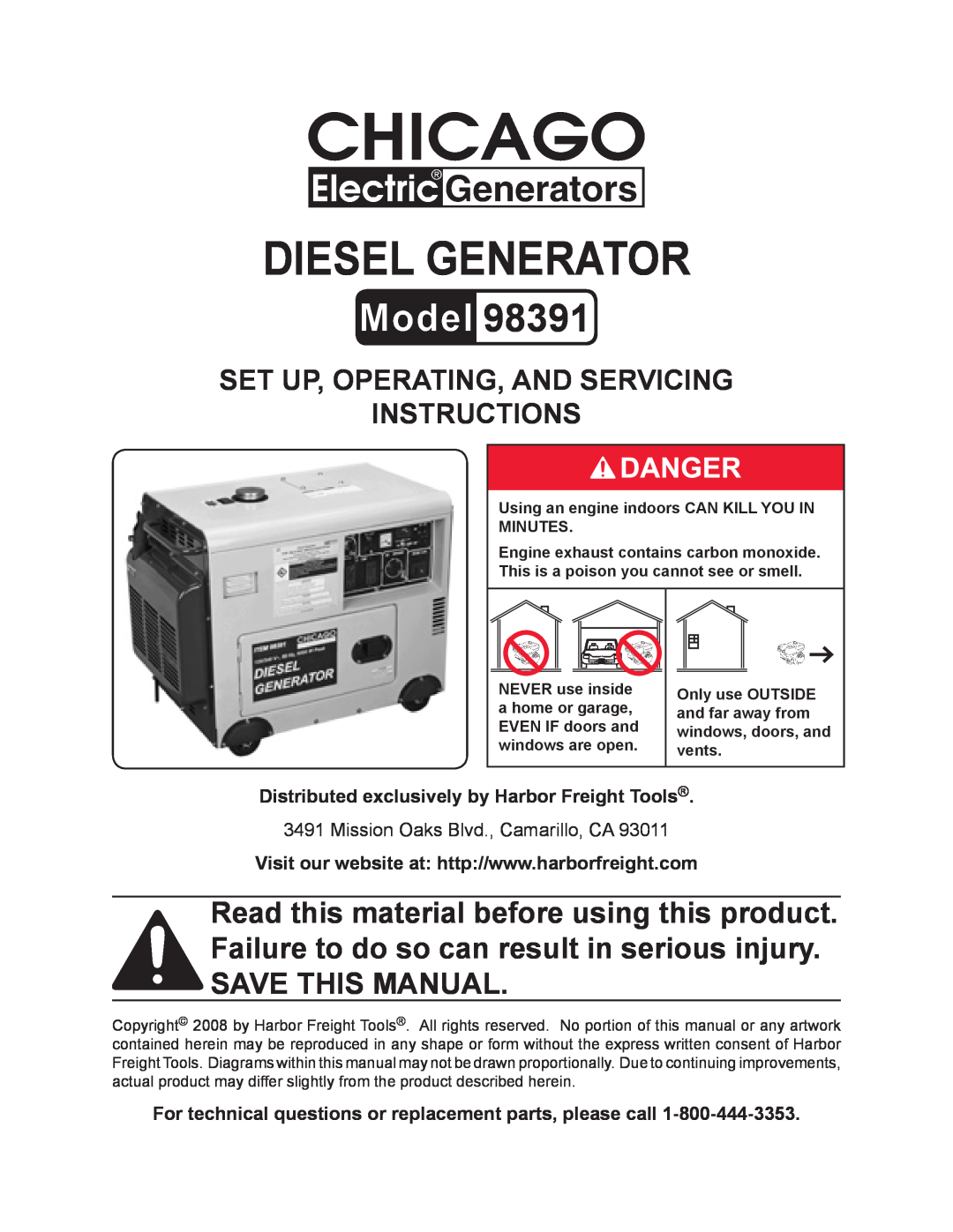 Chicago Electric 98391 manual Diesel generator, Set up, Operating, and Servicing Instructions 