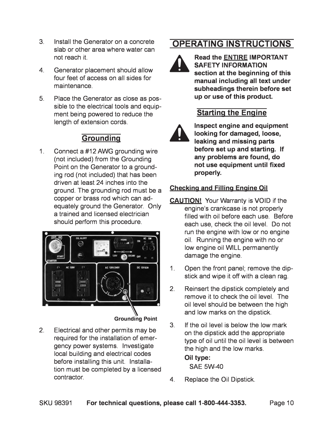 Chicago Electric 98391 manual Operating Instructions, Grounding, Starting the Engine, Checking and Filling Engine Oil 