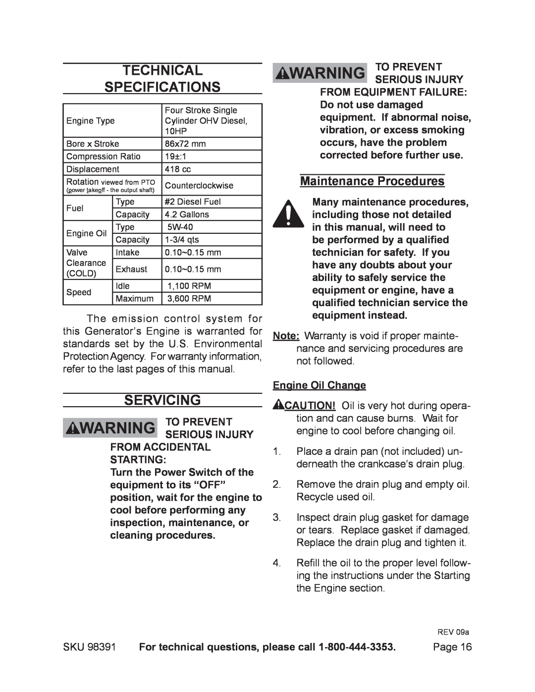 Chicago Electric 98391 manual Technical Specifications, Servicing, To prevent serious injury from accidental starting 