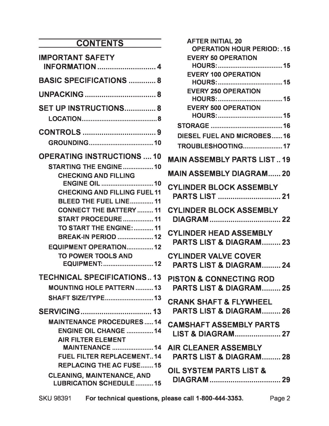Chicago Electric 98391 manual Contents, Page 