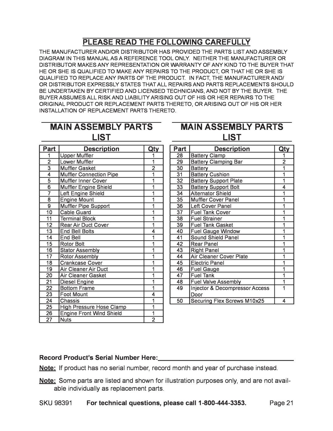 Chicago Electric 98391 manual Main assembly PARTS LIST, Part, Description, Record Product’s Serial Number Here 