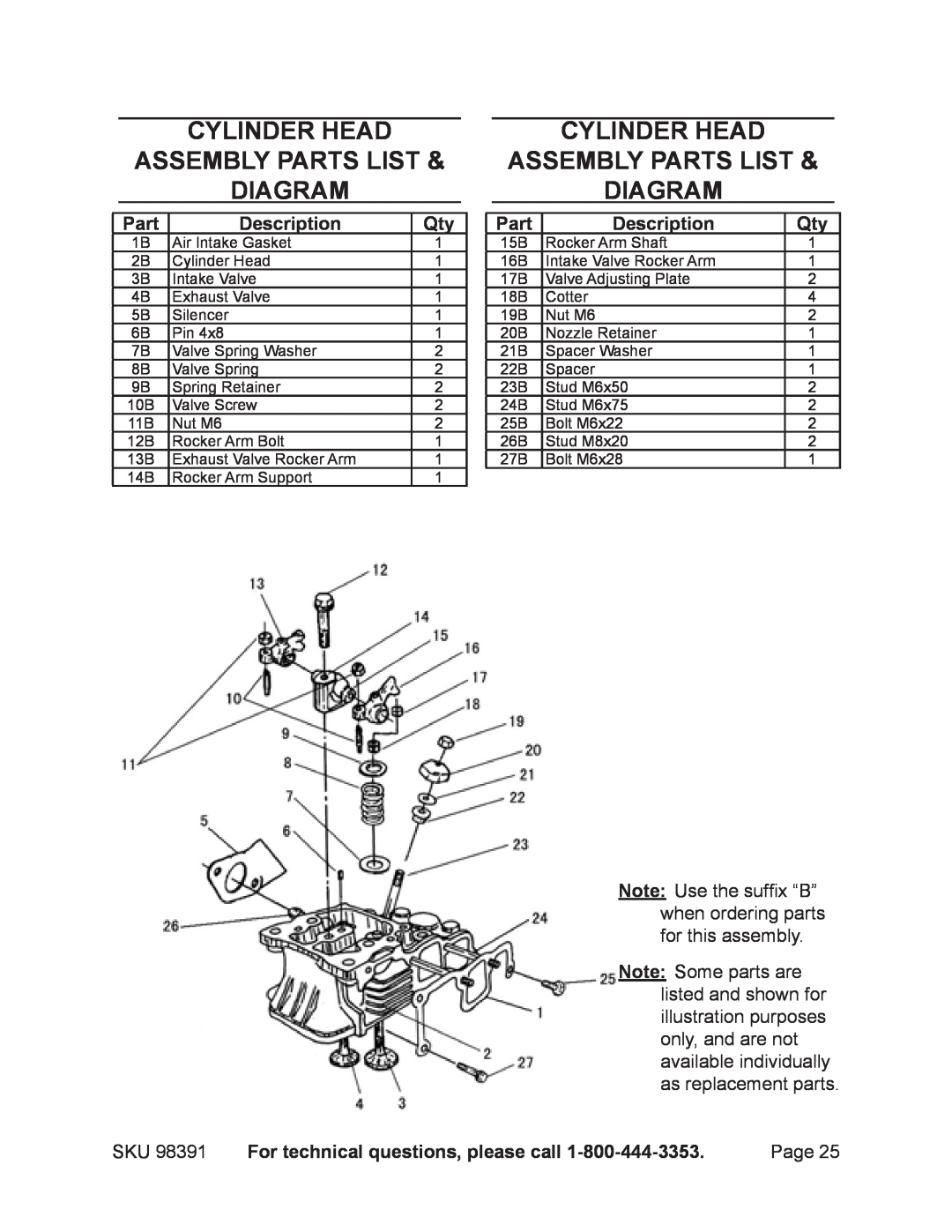 Chicago Electric 98391 Cylinder head assembly PARTS LIST diagram, Part, Description, For technical questions, please call 