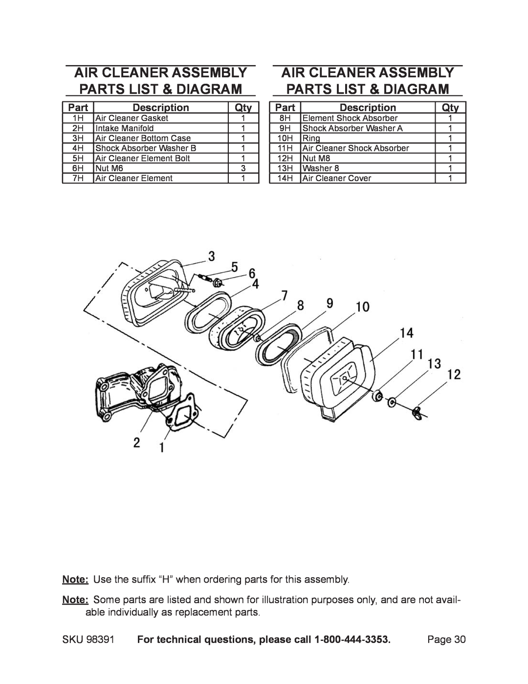 Chicago Electric 98391 Air cleaner assembly PARTS LIST & diagram, Part, Description, For technical questions, please call 