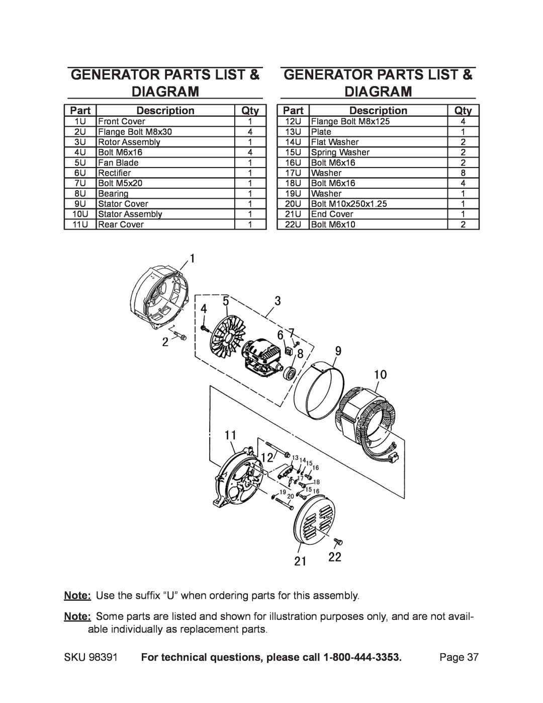 Chicago Electric 98391 manual Generator PARTS LIST Diagram, Part, Description, For technical questions, please call 