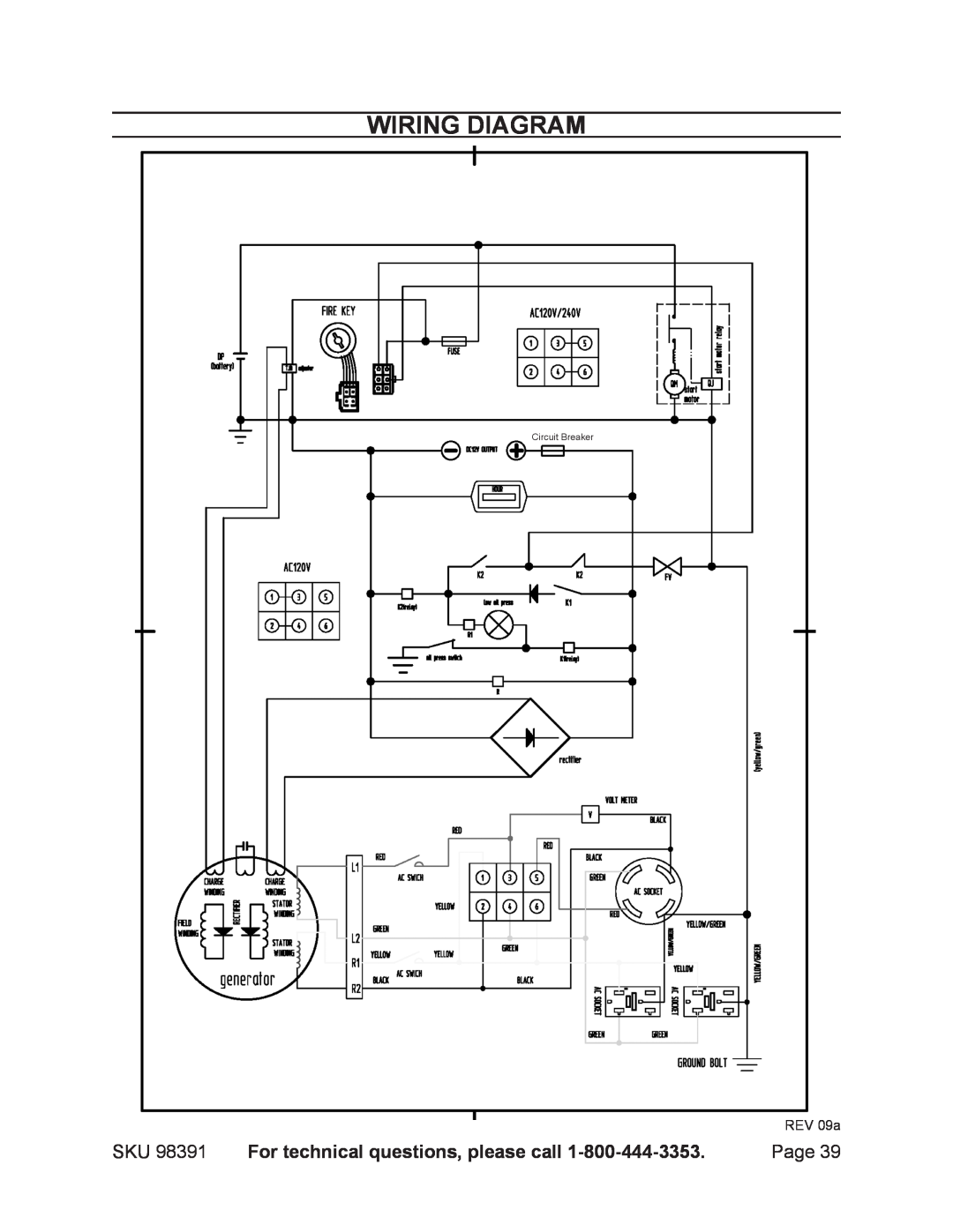 Chicago Electric 98391 manual Wiring diagram, For technical questions, please call, REV 09a, Circuit Breaker 