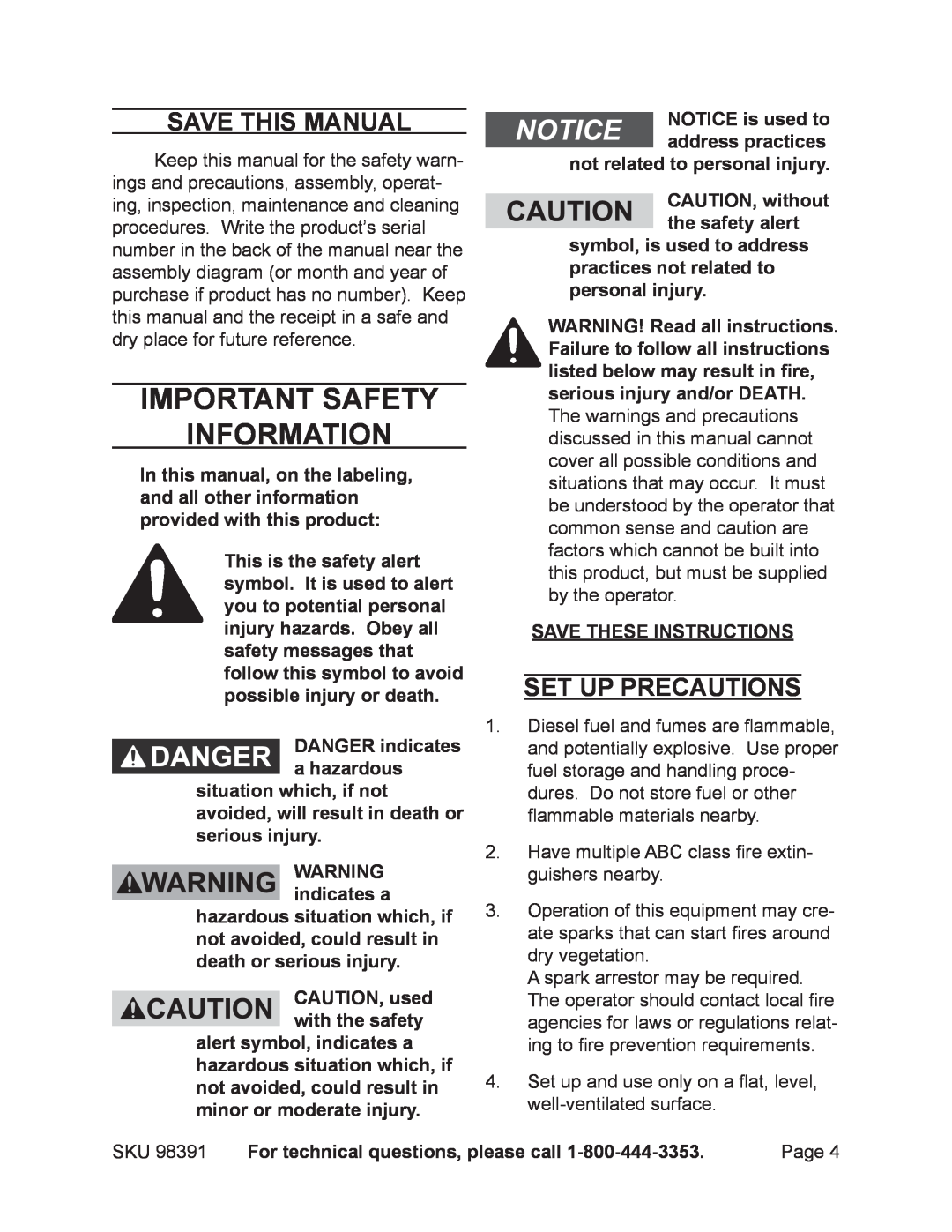Chicago Electric 98391 Important SAFETY Information, Save This Manual, Set up precautions, DANGER indicates a hazardous 