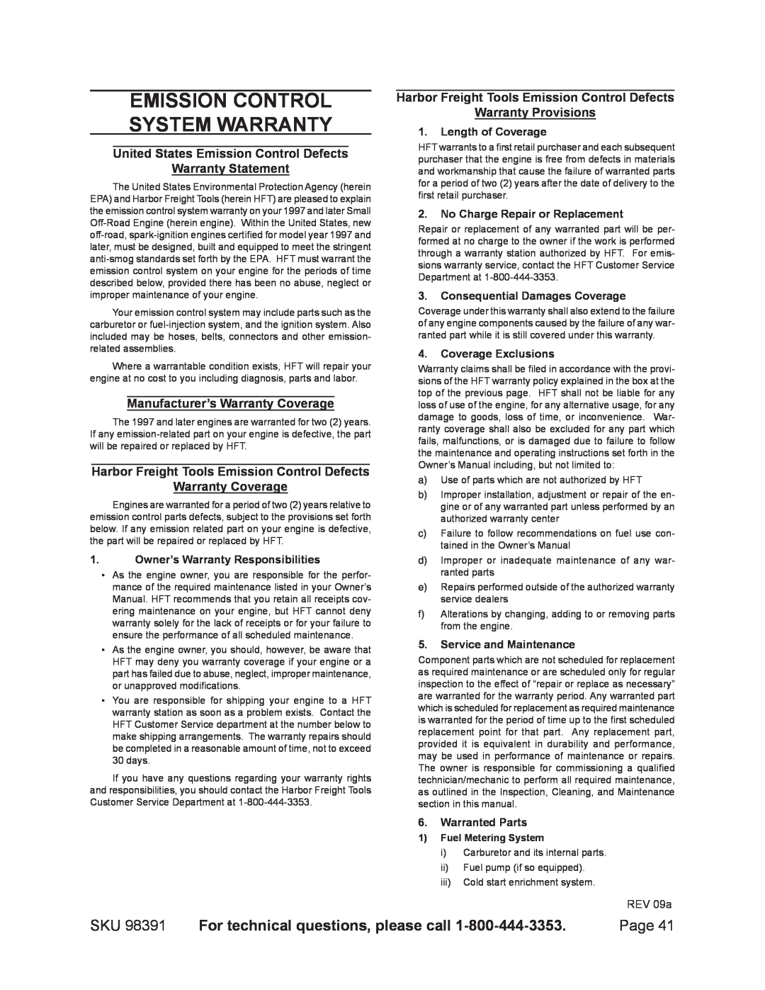 Chicago Electric 98391 Emission Control System Warranty, For technical questions, please call, 1. 1. Length of Coverage 