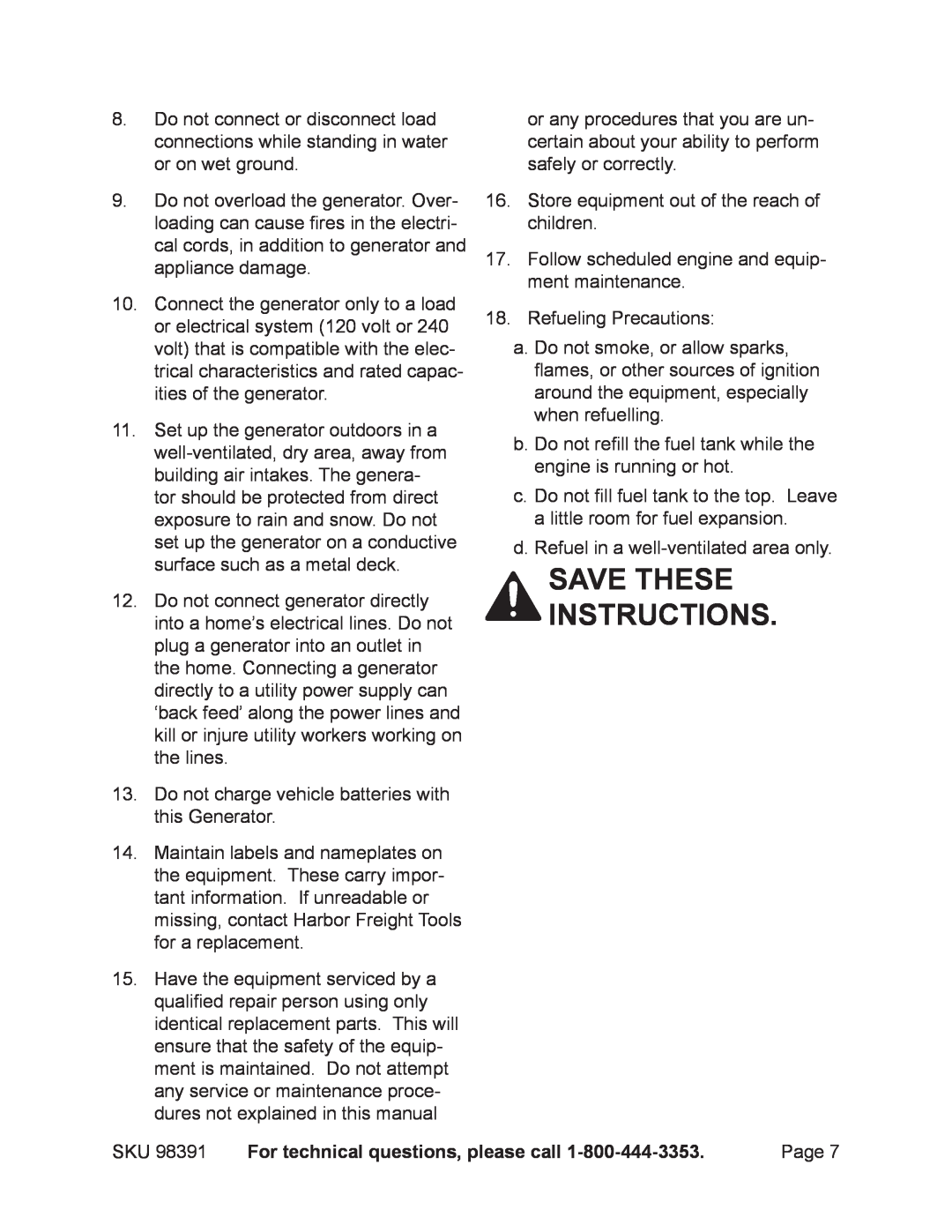Chicago Electric 98391 manual Save these instructions, For technical questions, please call 