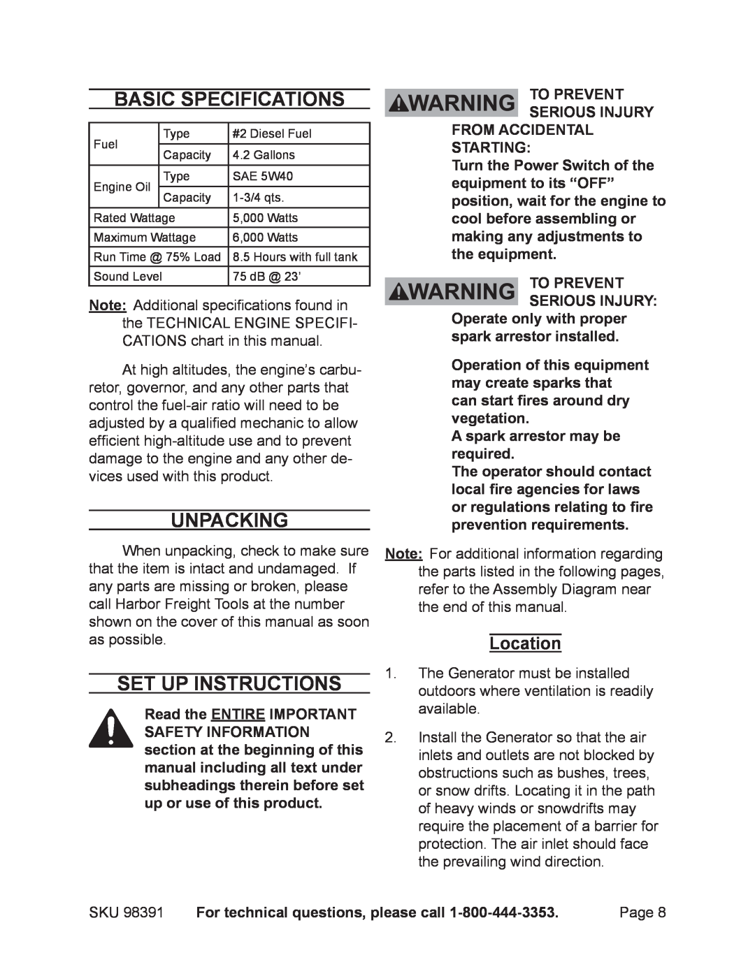 Chicago Electric 98391 manual Basic Specifications, Unpacking, Set Up Instructions, To prevent serious injury 