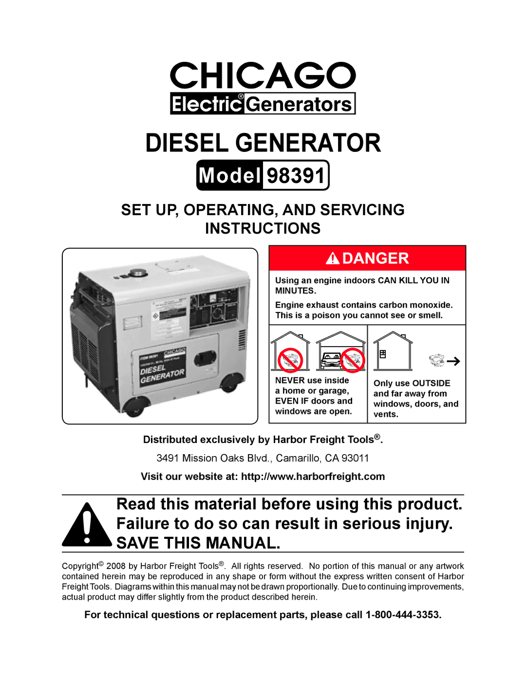 Chicago Electric 98391 manual Distributed exclusively by Harbor Freight Tools 