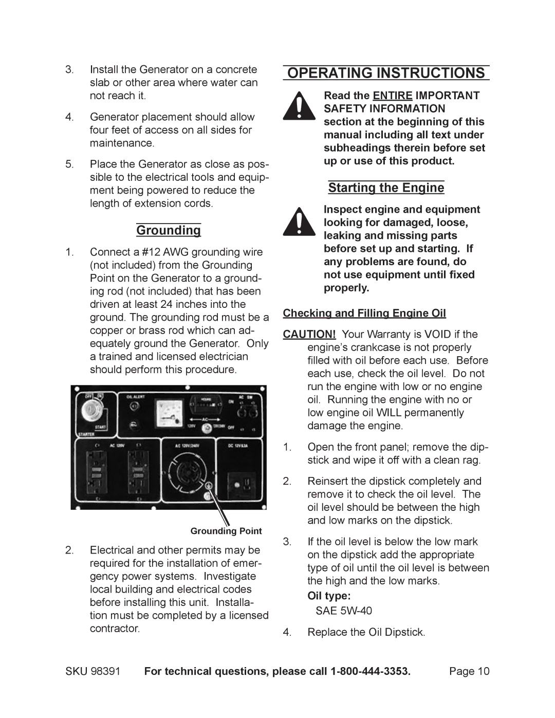 Chicago Electric 98391 manual Operating Instructions, Grounding, Starting the Engine 