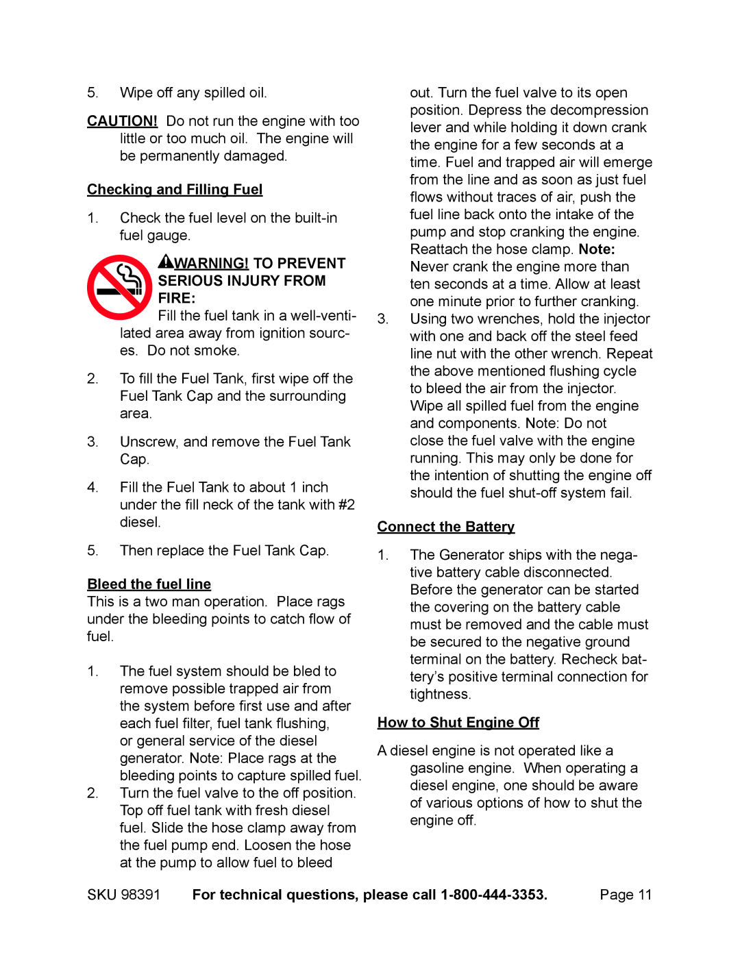 Chicago Electric 98391 manual How to Shut Engine Off, SKU For technical questions, please call 