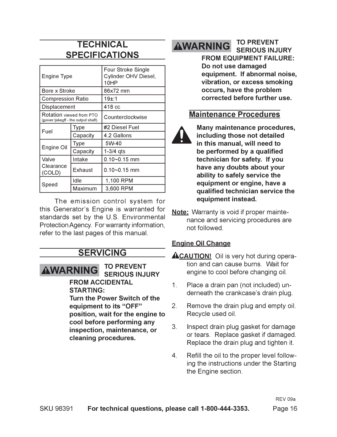 Chicago Electric 98391 manual Technical Specifications, Servicing, Maintenance Procedures 