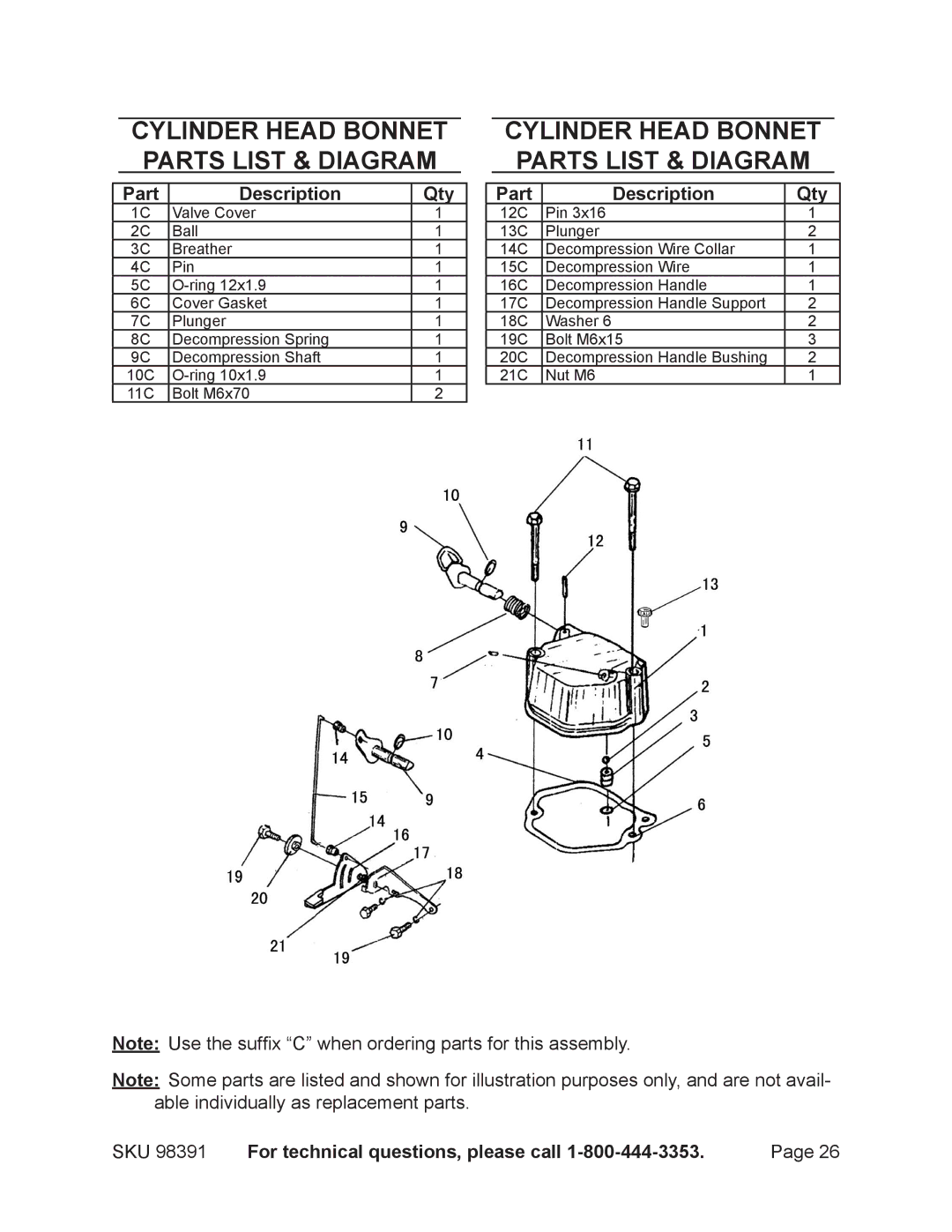 Chicago Electric 98391 manual Cylinder Head Bonnet Parts List & diagram 