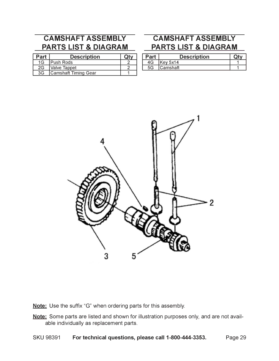 Chicago Electric 98391 manual Camshaft assembly Parts List & diagram 