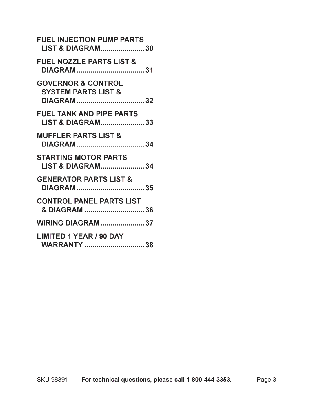 Chicago Electric 98391 manual Fuel injection pump Parts List & diagram 