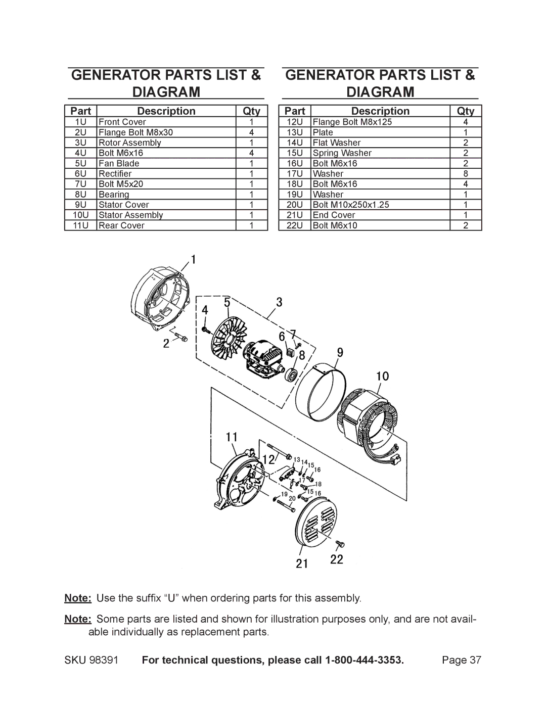 Chicago Electric 98391 manual Generator Parts List Diagram 