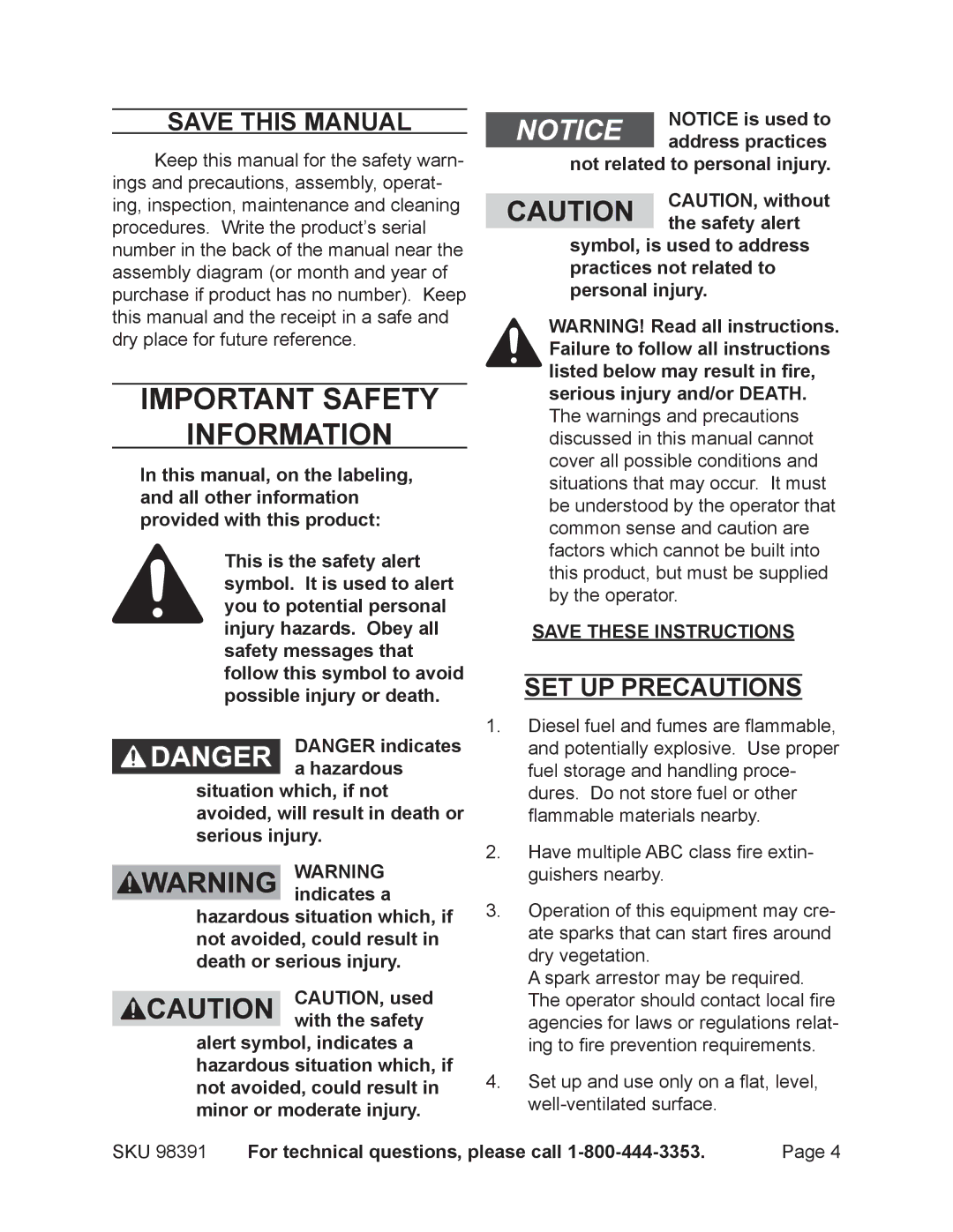 Chicago Electric 98391 manual Save This Manual, Set up precautions 