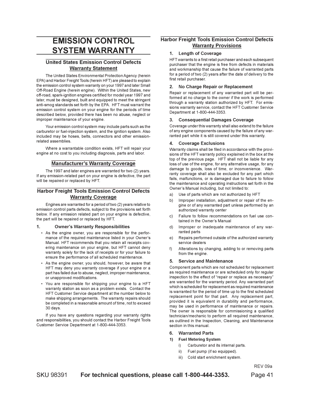 Chicago Electric 98391 manual Emission Control System Warranty, United States Emission Control Defects Warranty Statement 