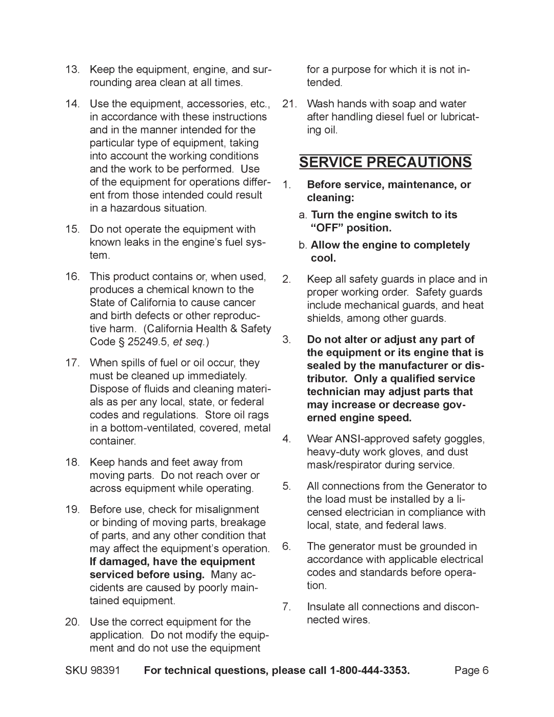 Chicago Electric 98391 manual Service precautions 