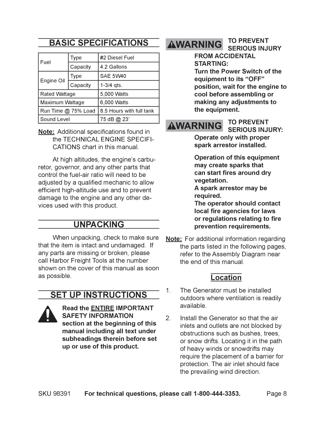 Chicago Electric 98391 manual Basic Specifications, Unpacking, Set Up Instructions, Location 