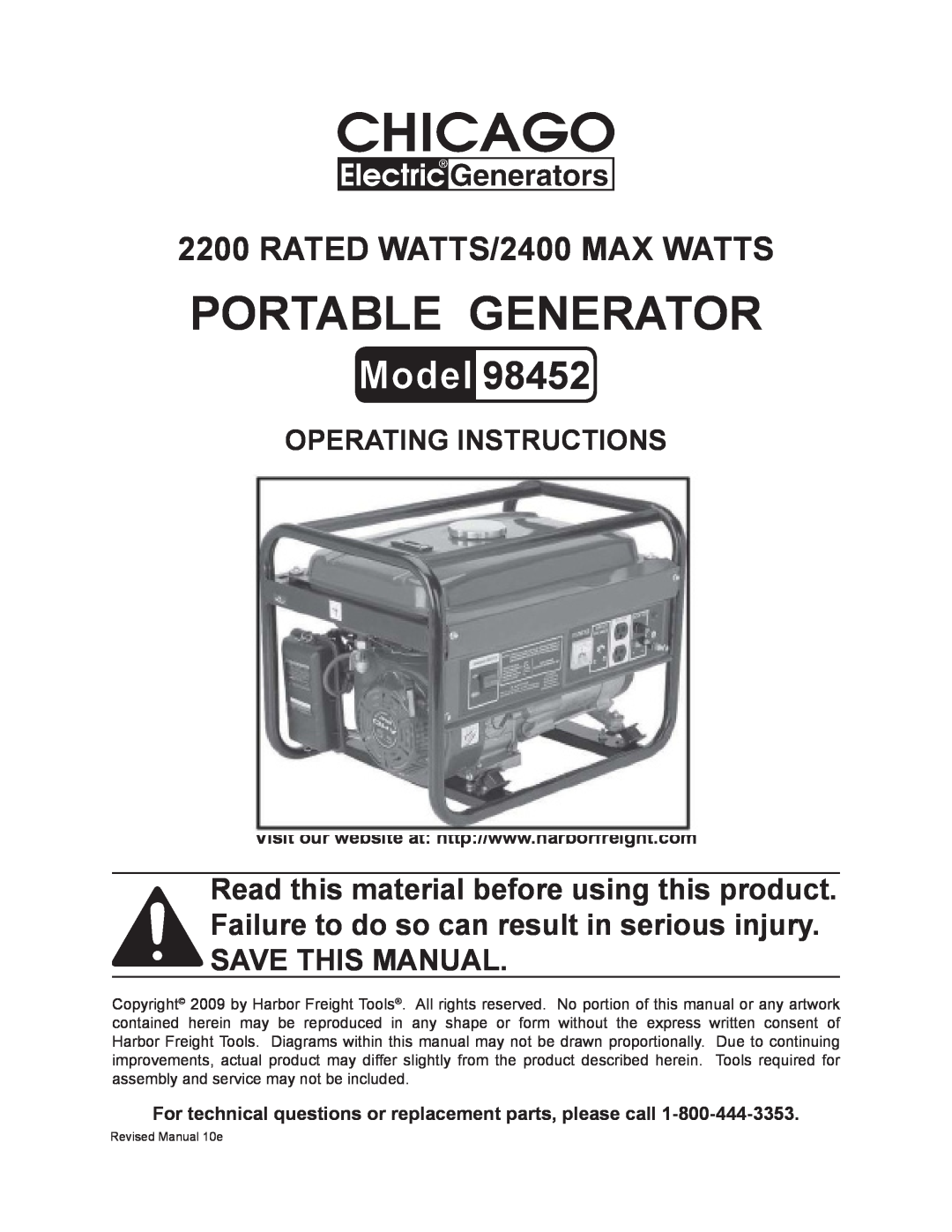 Chicago Electric 98452 operating instructions Operating Instructions, Portable Generator, RATED WATTS/2400 MAX WATTS 