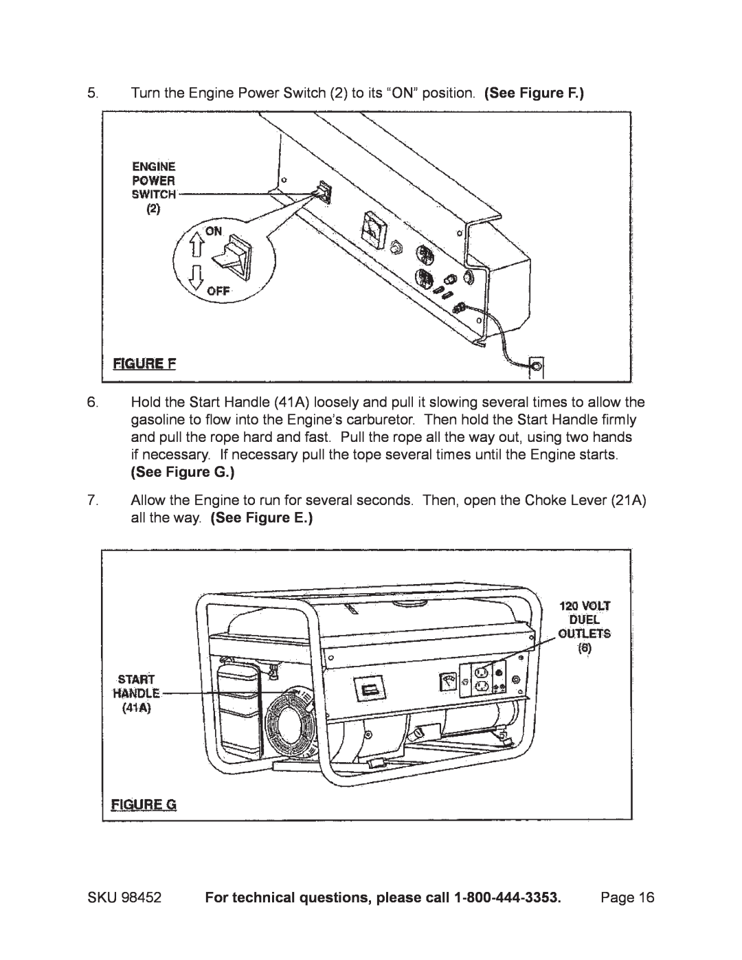 Chicago Electric 98452 operating instructions See Figure G, For technical questions, please call 
