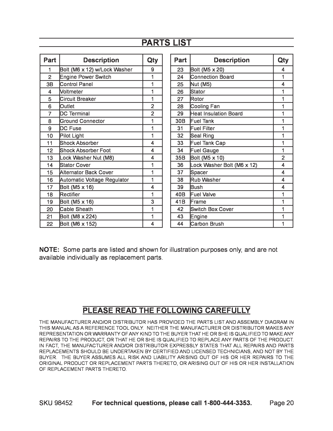Chicago Electric 98452 Parts List, Please Read The Following Carefully, Description, For technical questions, please call 