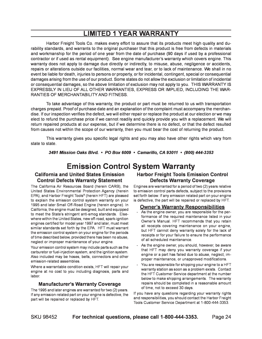 Chicago Electric 98452 Emission Control System Warranty, Limited 1 year warranty, Owner’s Warranty Responsibilities 