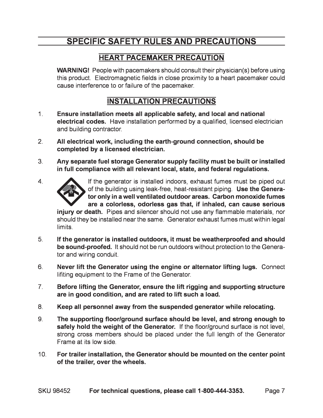 Chicago Electric 98452 Specific Safety Rules And Precautions, Heart Pacemaker Precaution, Installation Precautions 