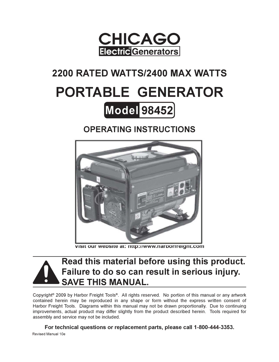 Chicago Electric 98452 operating instructions Portable Generator 