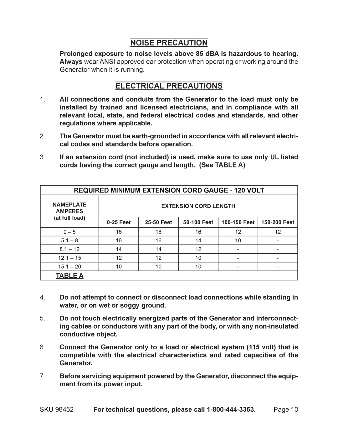 Chicago Electric 98452 operating instructions Noise Precaution, Electrical Precautions 