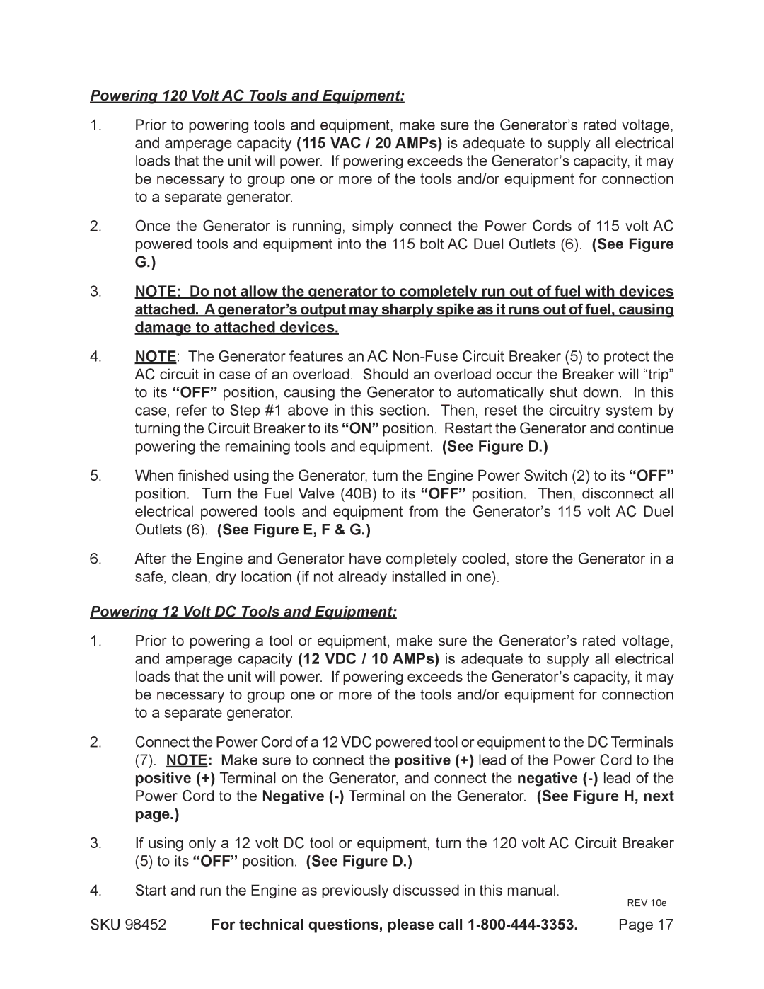 Chicago Electric 98452 operating instructions Powering 120 Volt AC Tools and Equipment, To its OFF position. See Figure D 