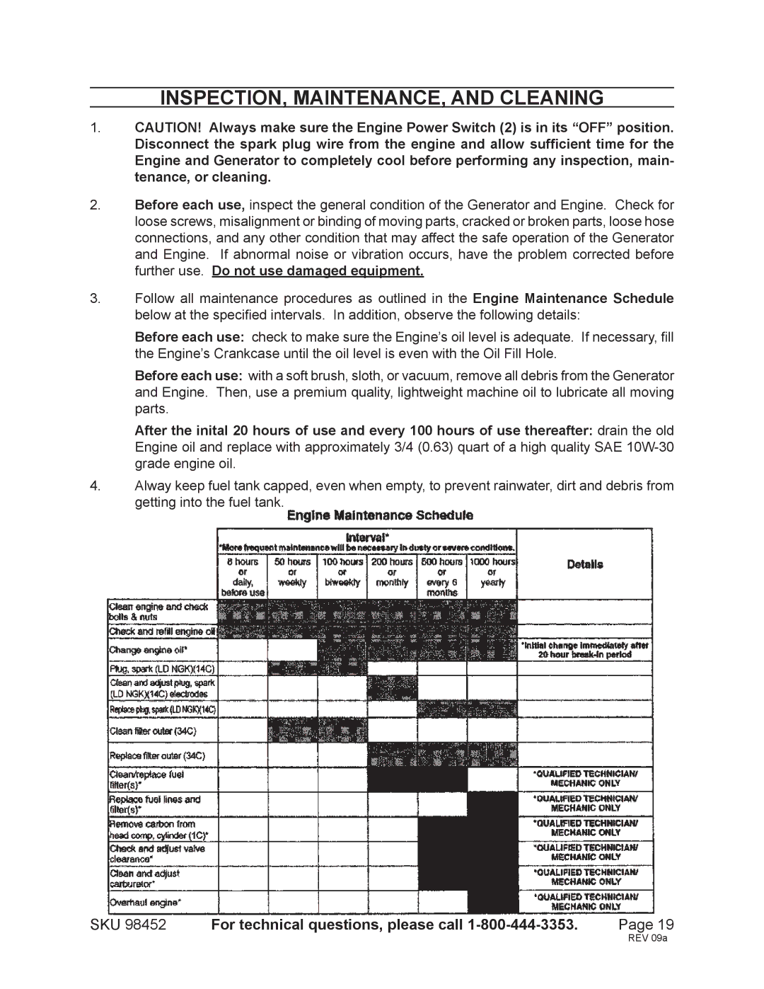 Chicago Electric 98452 operating instructions INSPECTION, MAINTENANCE, and Cleaning 