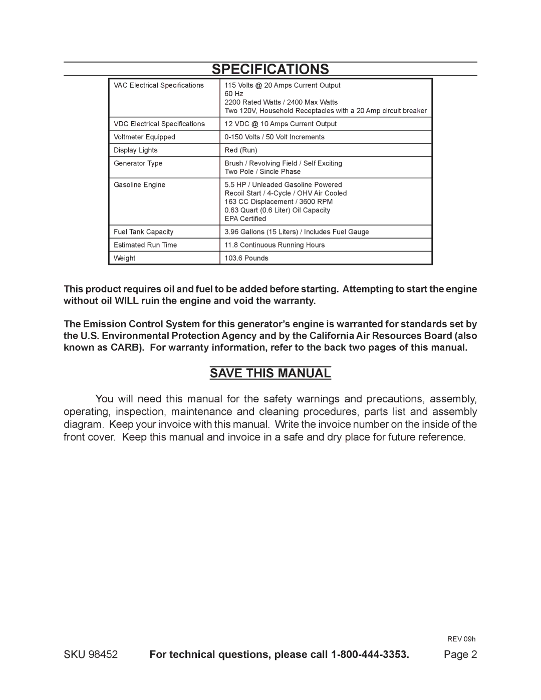 Chicago Electric 98452 operating instructions Specifications, Save this Manual, For technical questions, please call 