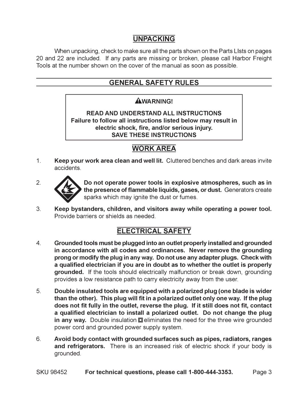 Chicago Electric 98452 operating instructions Unpacking, General Safety Rules, Work Area, Electrical Safety 