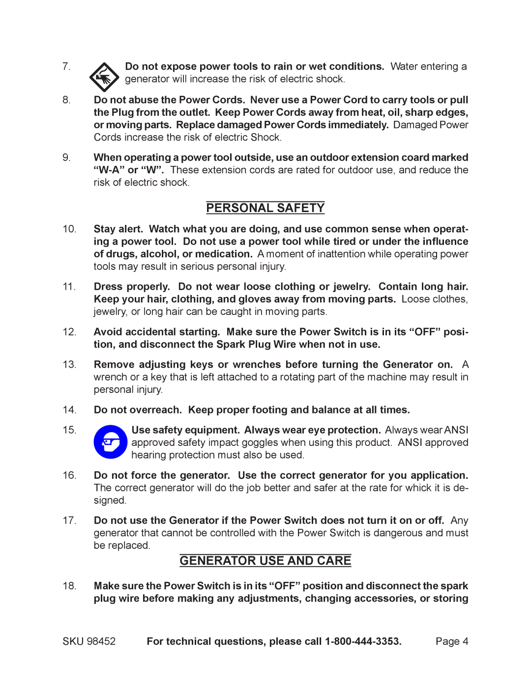 Chicago Electric 98452 operating instructions Personal Safety, Generator USE and Care 