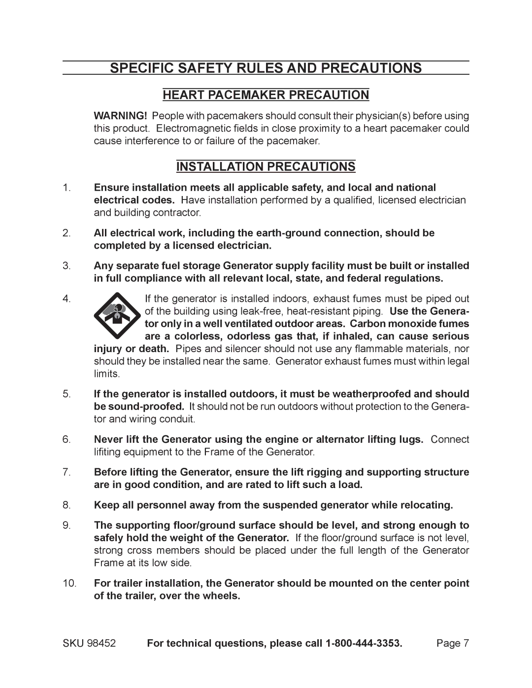 Chicago Electric 98452 Specific Safety Rules and Precautions, Heart Pacemaker Precaution Installation Precautions 