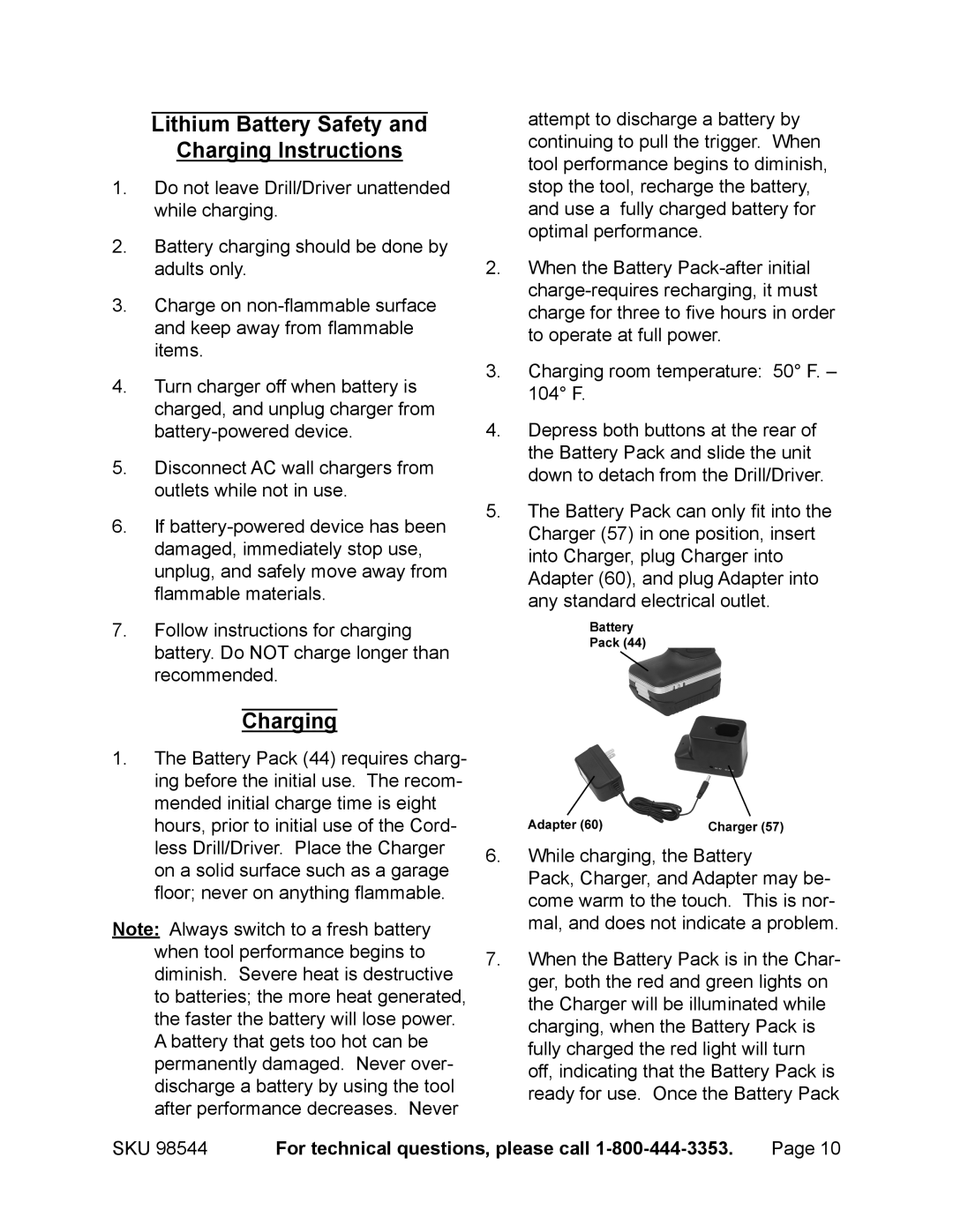 Chicago Electric 98544 operating instructions Lithium Battery Safety Charging Instructions 