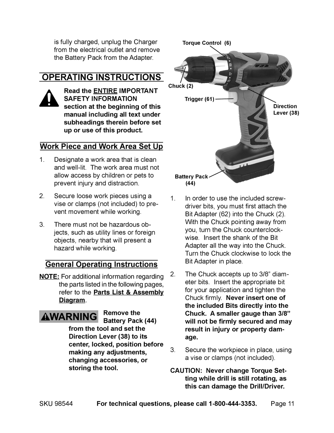 Chicago Electric 98544 operating instructions Work Piece and Work Area Set Up, General Operating Instructions 