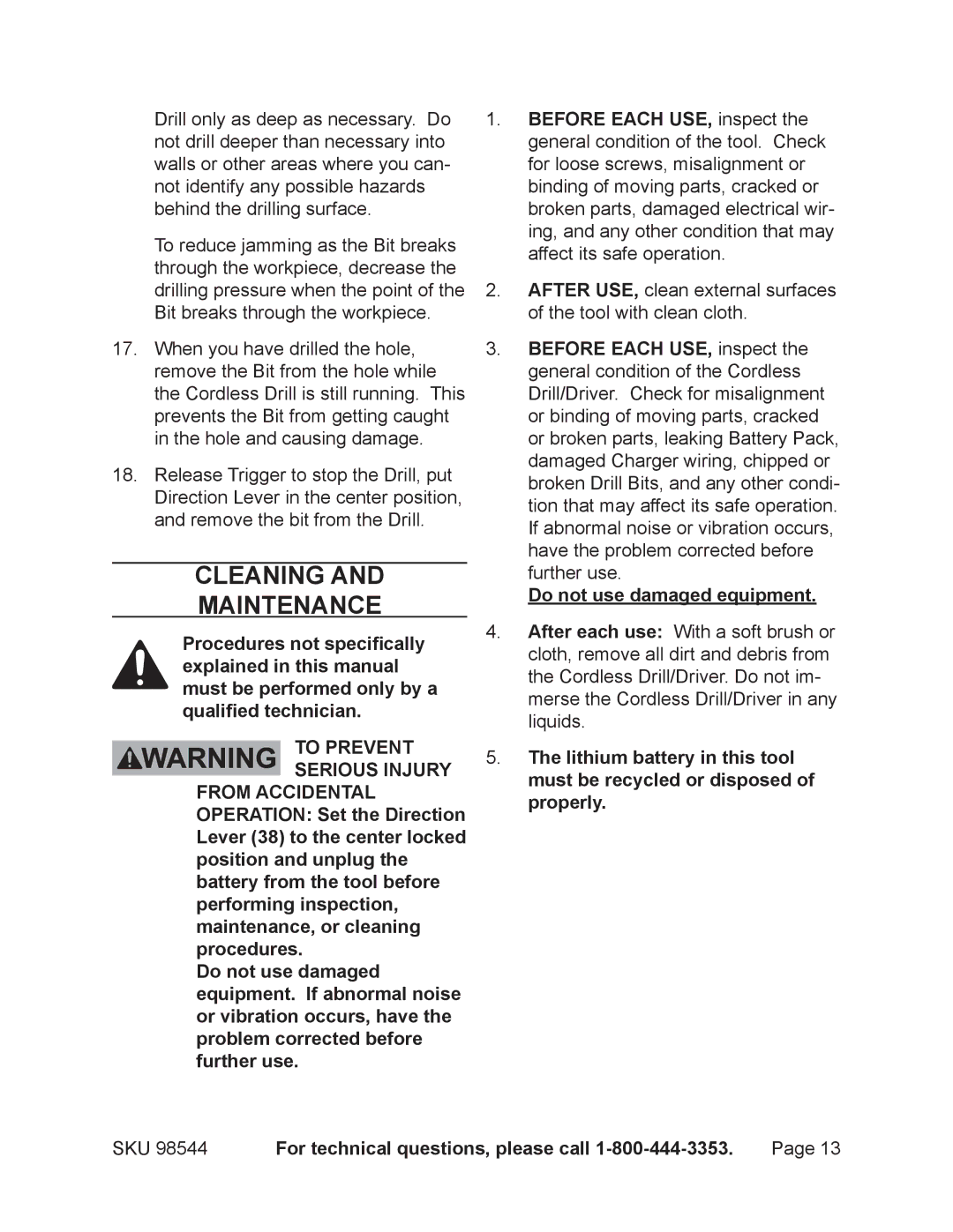 Chicago Electric 98544 operating instructions Cleaning Maintenance, Do not use damaged equipment 