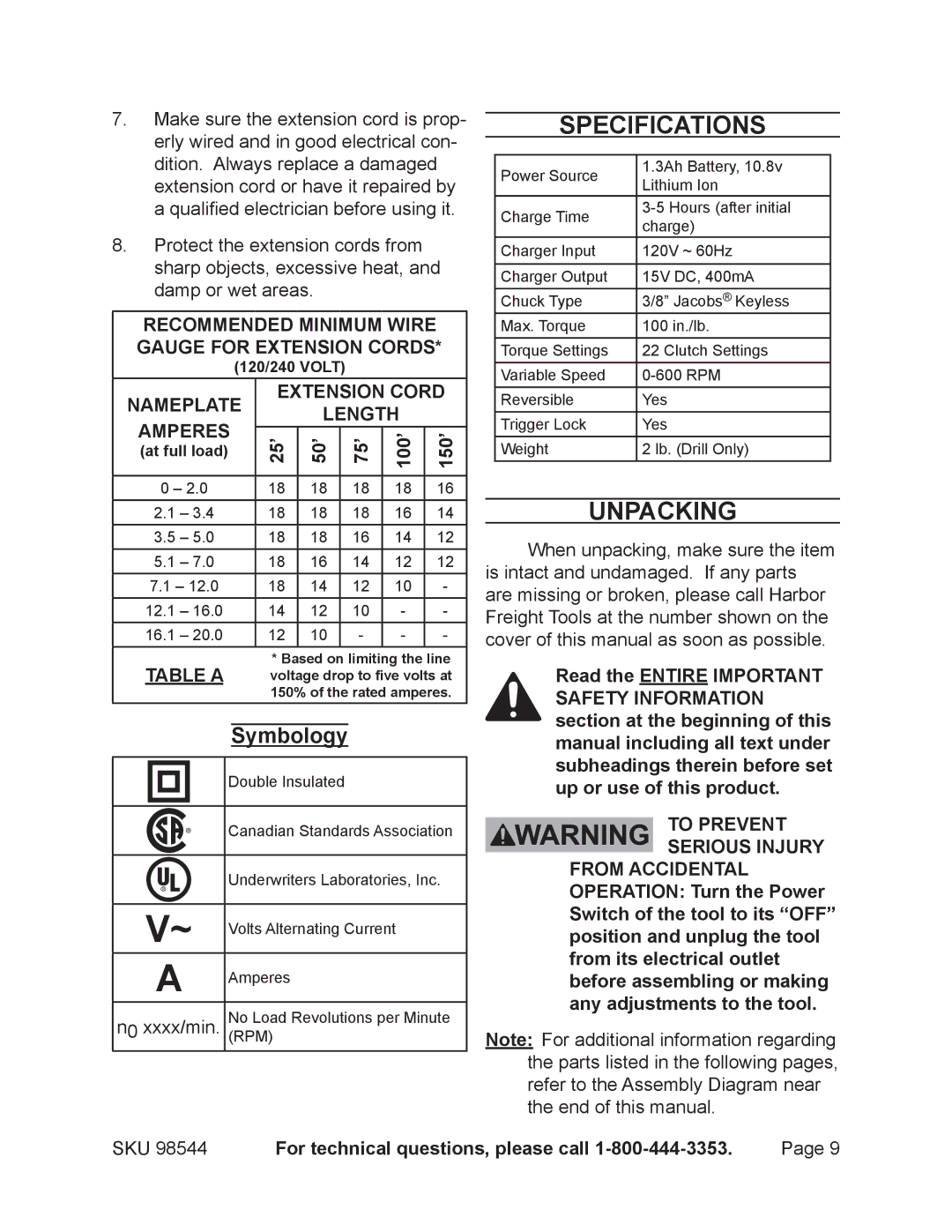 Chicago Electric 98544 operating instructions Specifications, Unpacking, Symbology, 25’ 50’ 75’ 