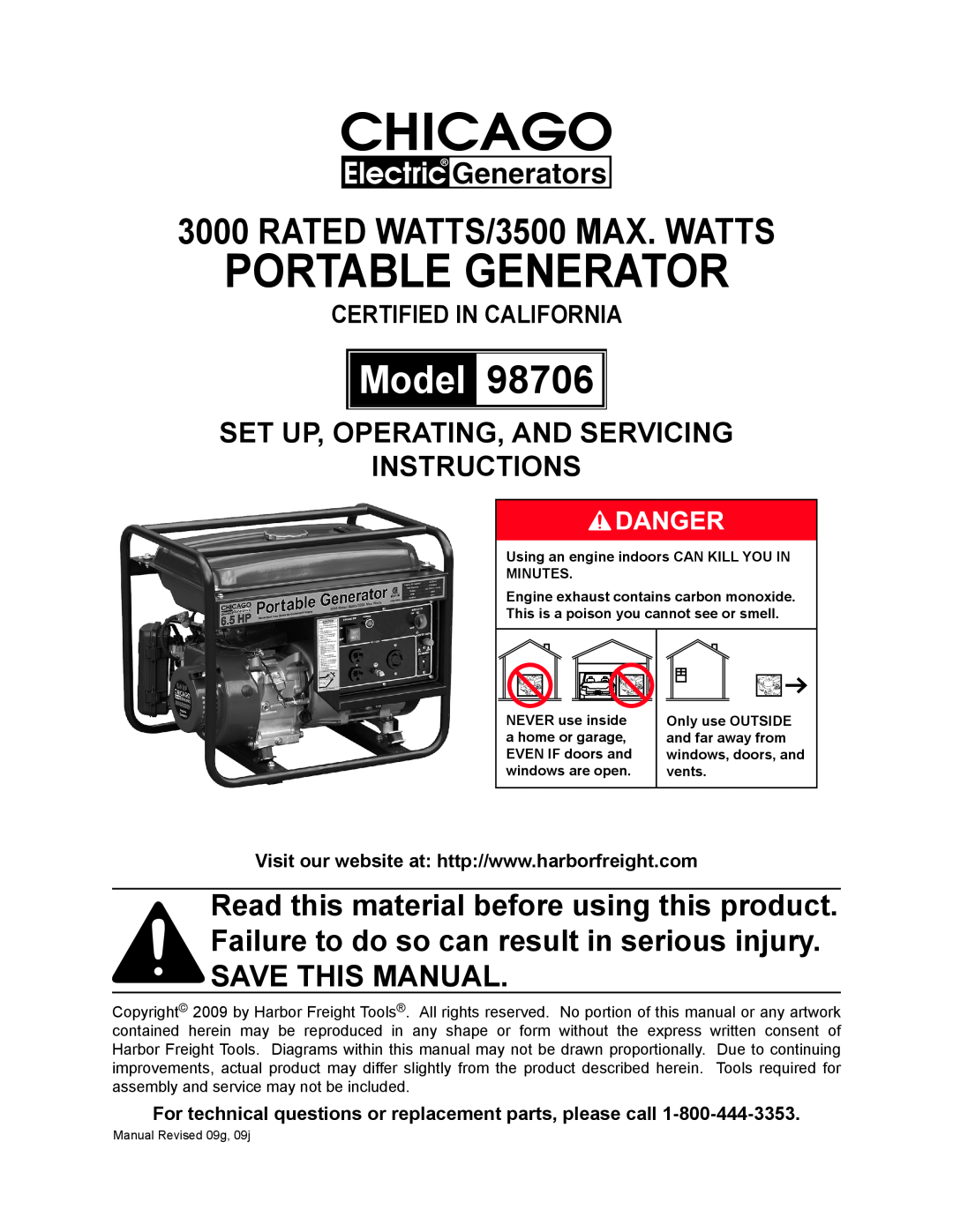 Chicago Electric 98706 manual Certified in California, portable generator, Model, RATED Watts/3500 MAX. watts 