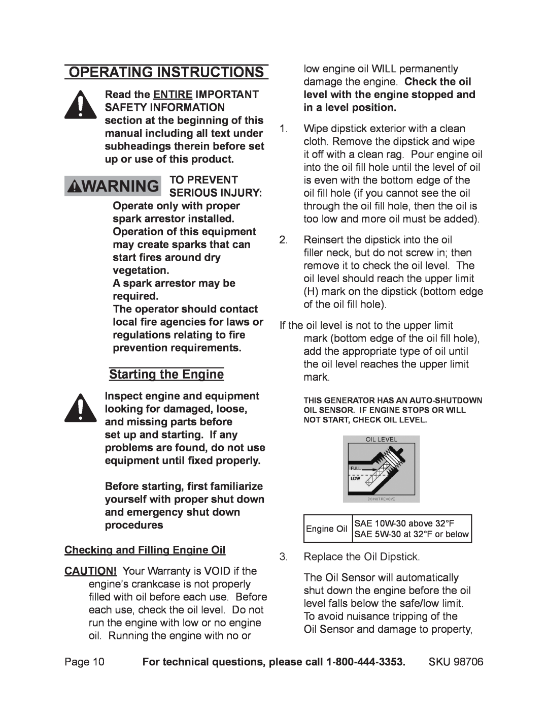 Chicago Electric 98706 manual Operating Instructions, To prevent serious injury, A spark arrestor may be required 