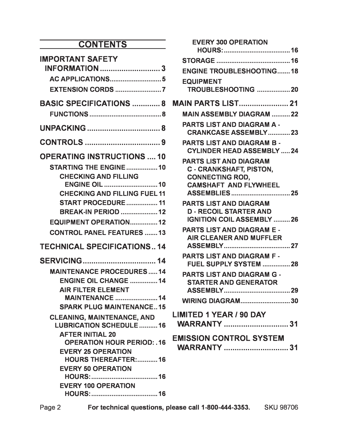 Chicago Electric 98706 manual Contents 