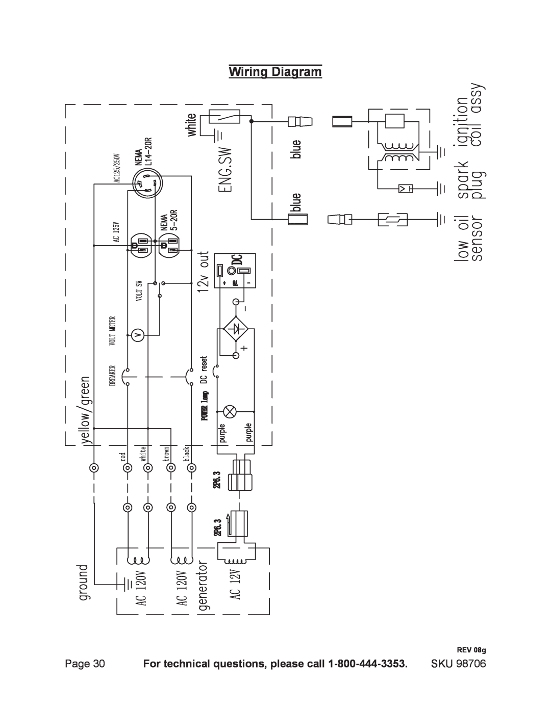 Chicago Electric 98706 manual Wiring Diagram, For technical questions, please call, REV 08g 