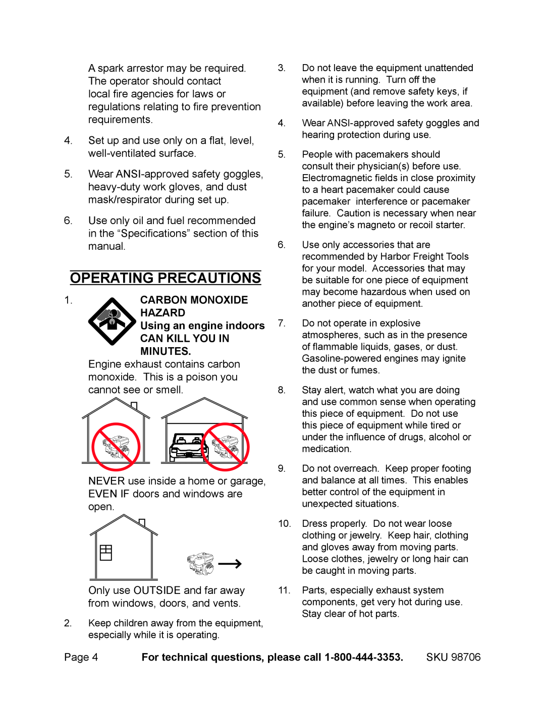 Chicago Electric 98706 Operating precautions, Carbon Monoxide Hazard Using an engine indoors, Can Kill You In Minutes 
