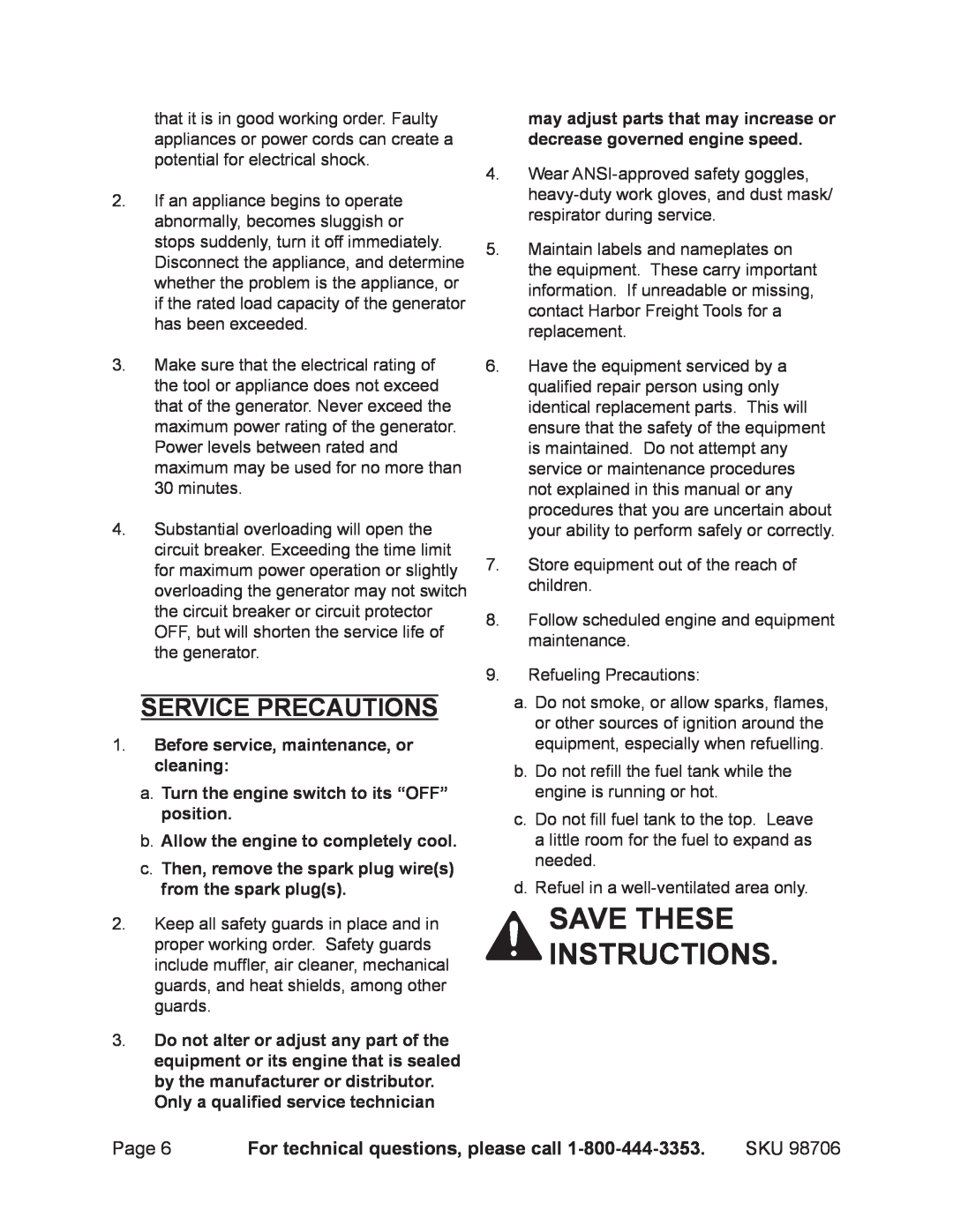Chicago Electric 98706 manual Save these instructions, Service precautions, For technical questions, please call 