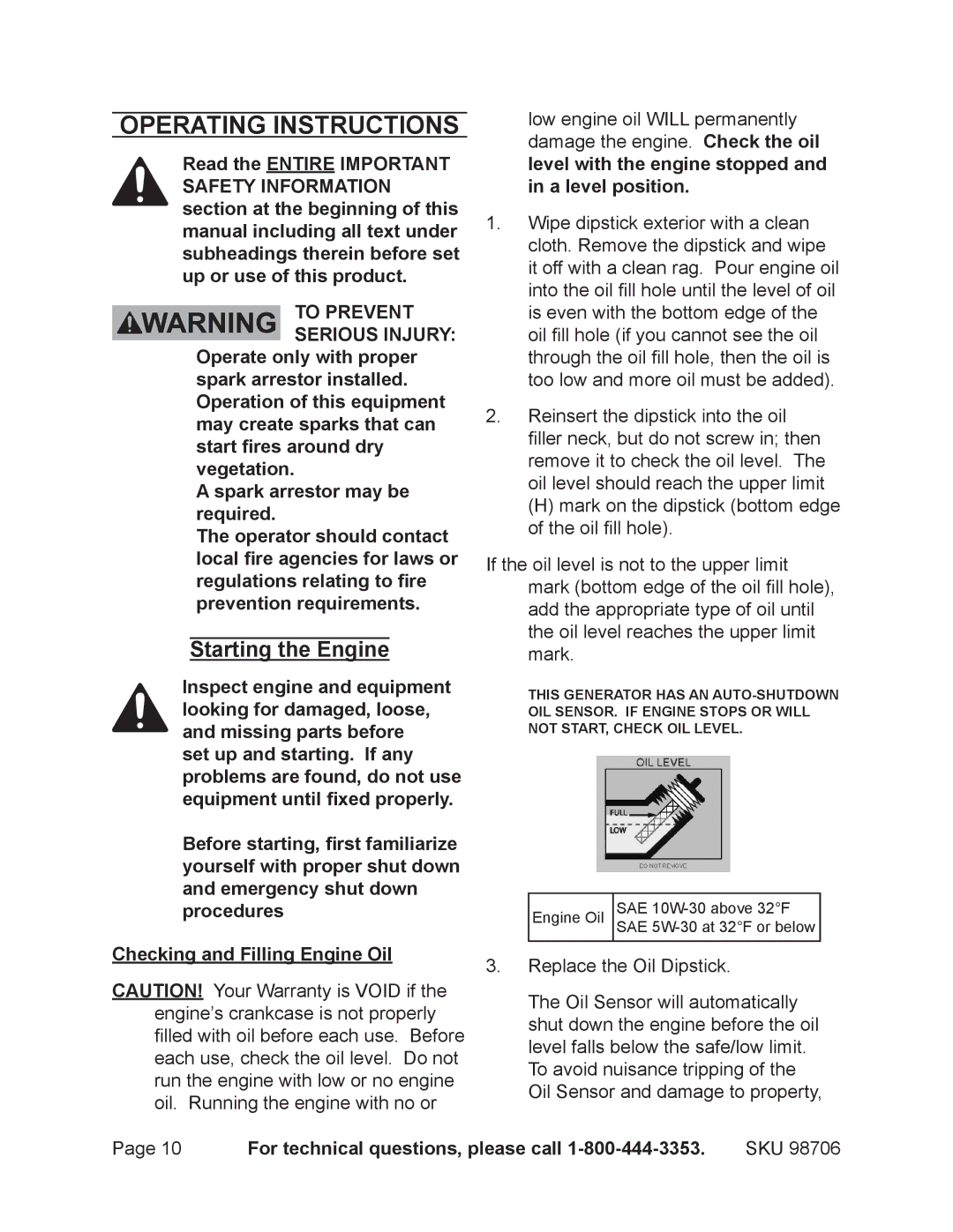 Chicago Electric 98706 manual Operating Instructions, Starting the Engine 