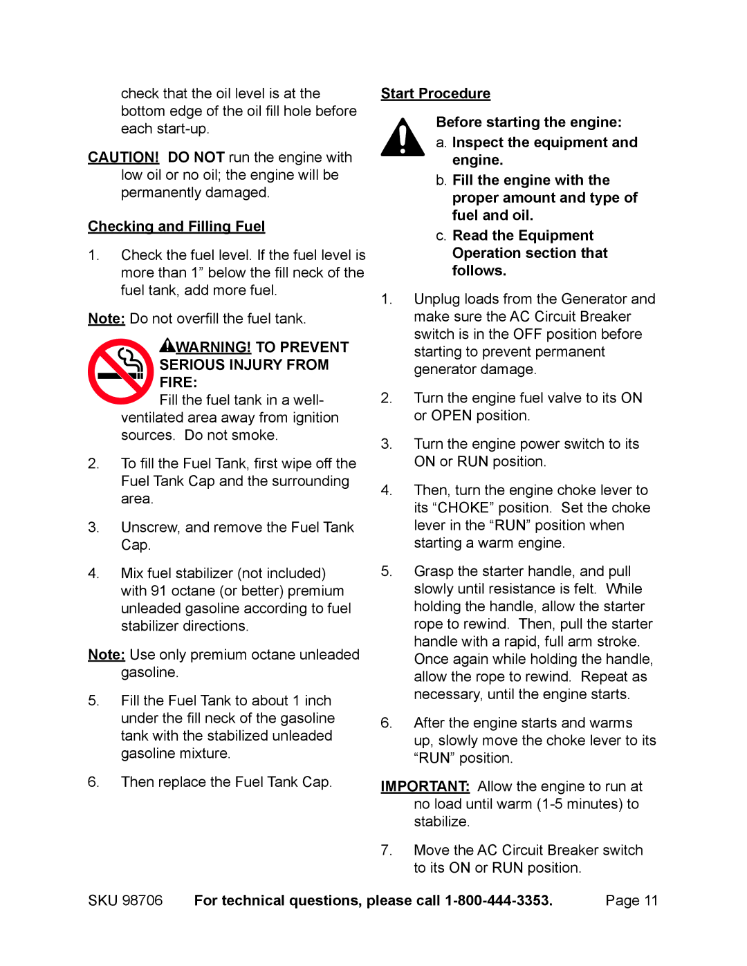 Chicago Electric 98706 manual Checking and Filling Fuel, SKU For technical questions, please call 